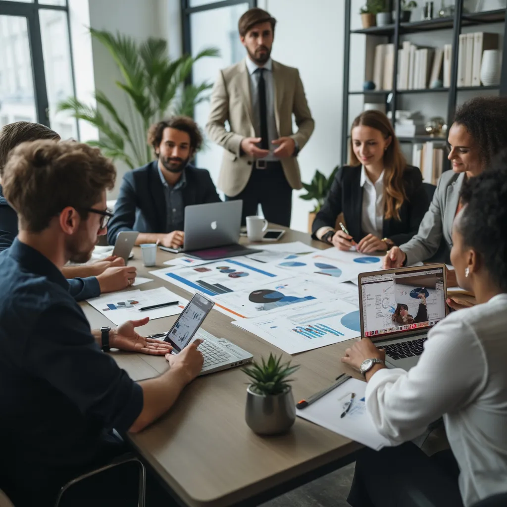 Equipo de consultores colaborando en una estrategia de crecimiento